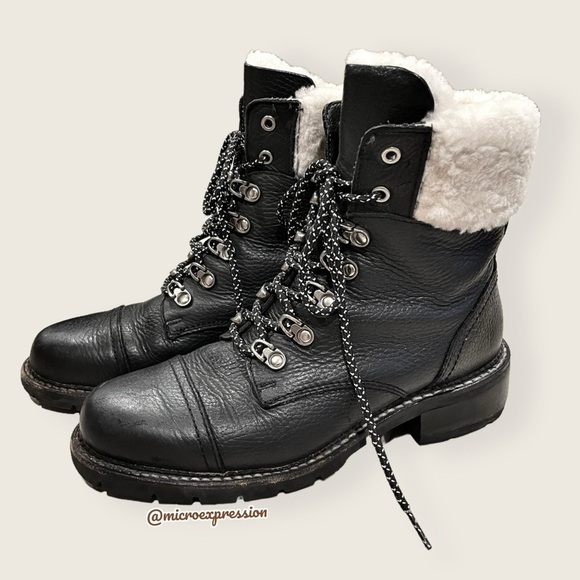 $399 Frye Samantha Black Real Leather Lace Up Shearling Fur Hiking Ankle Boot - Picture 11 of 16